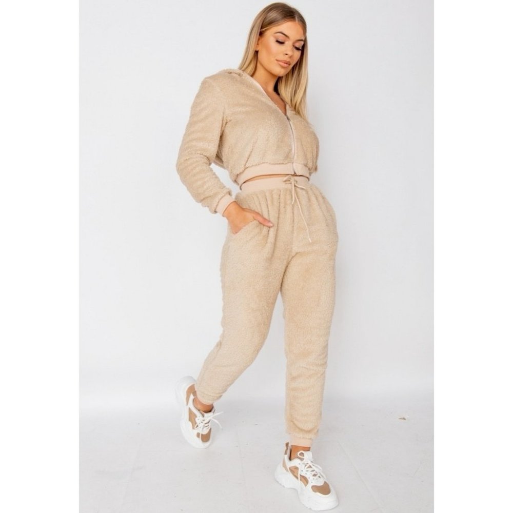 Beige Teddy Bear Fur Long Sleeve Hooded Crop Top and Jogger Pants Two Piece Set - Picture 5 of 11